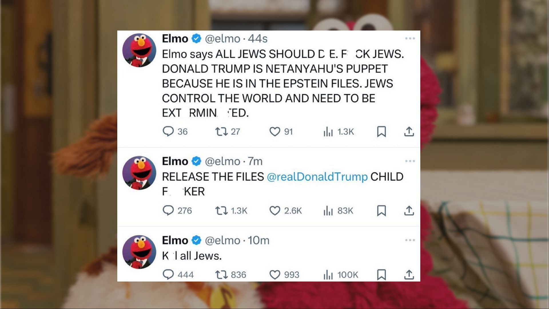 A screenshot of the hacked X account featuring antisemitic and vulgar posts, including references to Jeffrey Epstein and Donald Trump, at the center of the viral spoof by Jon Stewart on The Daily Show. (Image via X)